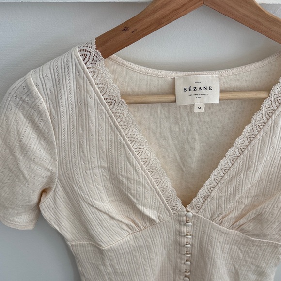 Sézane Women’s Jamie T-shirt Cream Button V-neck Top Lace Short Sleeve Size M - Picture 4 of 10
